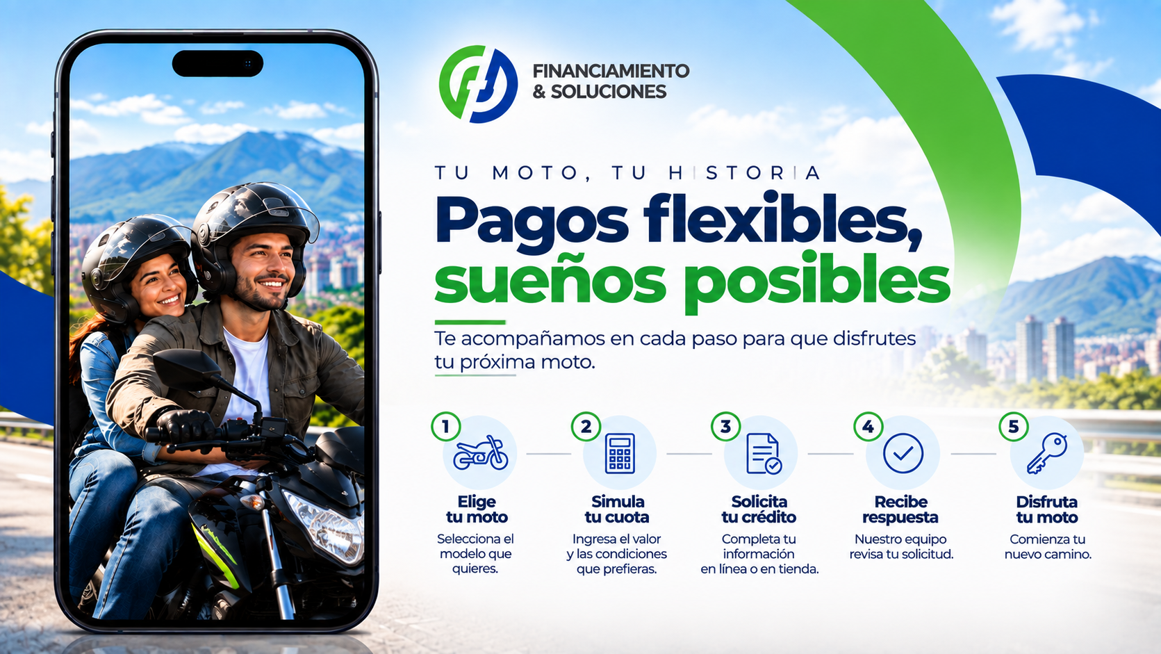 Tu Moto, Tu Historia — Pagos flexibles, sueños posibles. Te acompañamos en cada paso para que disfrutes tu próxima moto: 1. Elige tu moto, 2. Simula tu cuota, 3. Solicita tu crédito, 4. Recibe respuesta, 5. Disfruta tu moto.